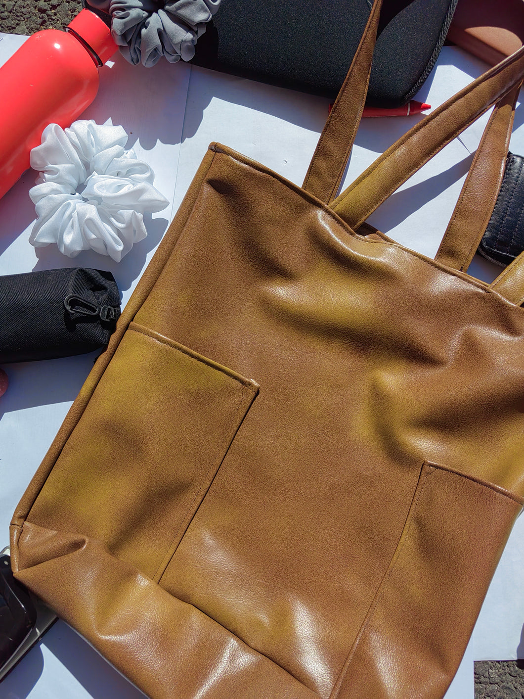 Brown Faux Leather Tote Bag